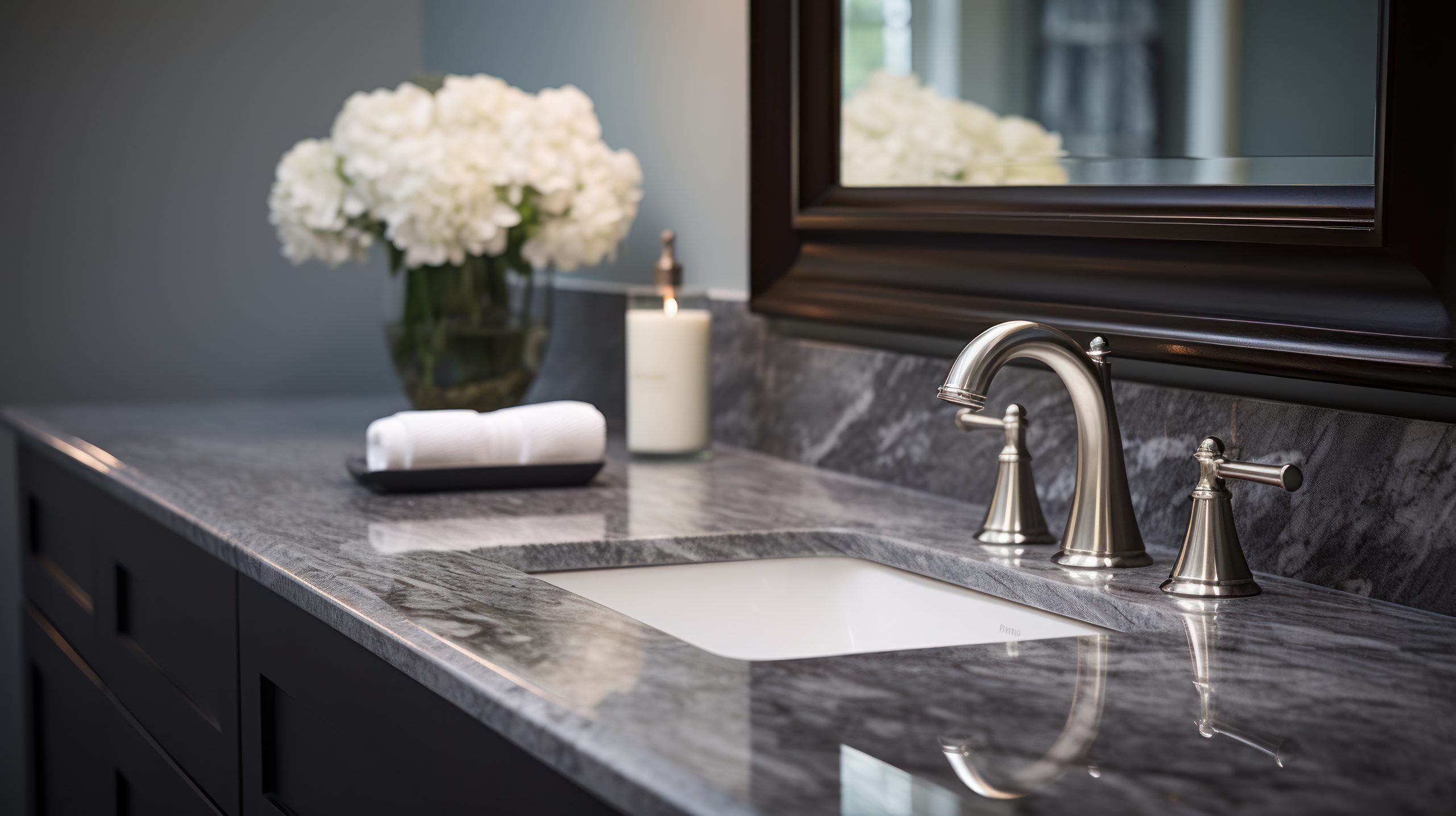 Classic faucet reflects on the marble countertop of  well-lit bathroom.